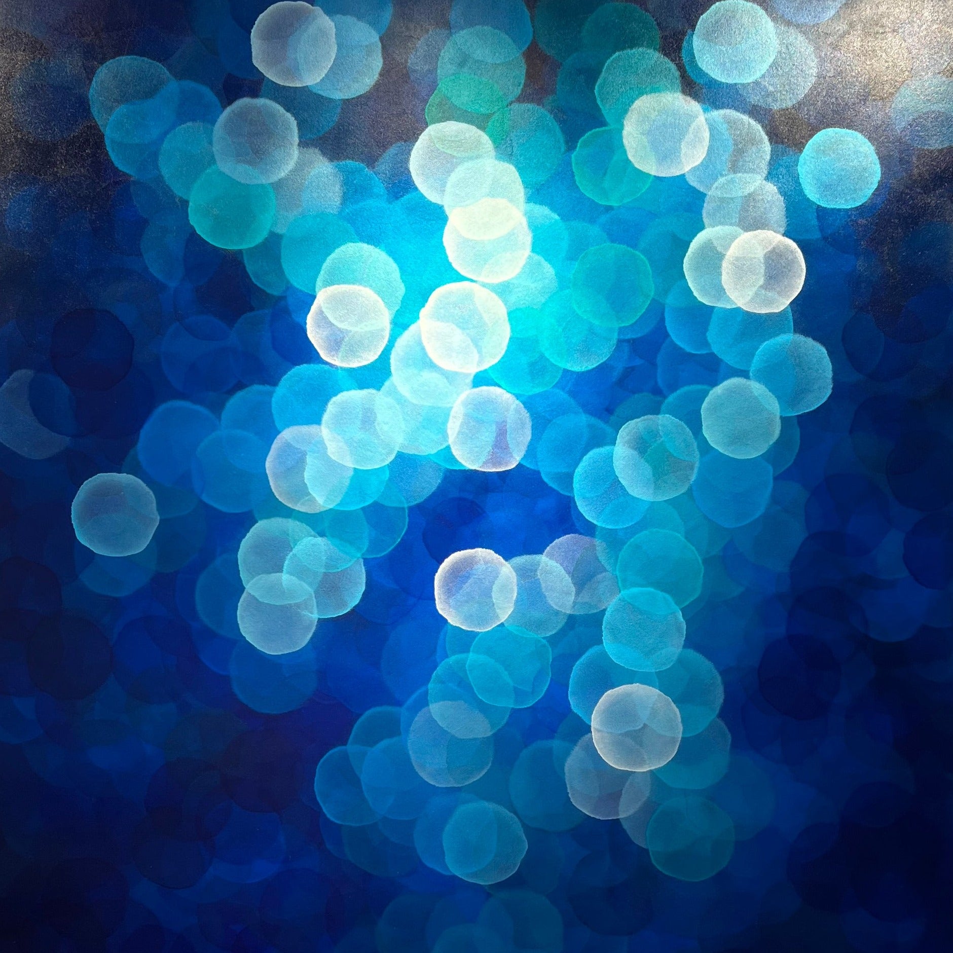 Aqueous Ascending is a large original artwork with calming blue tones and floating orbs. Detailed image.