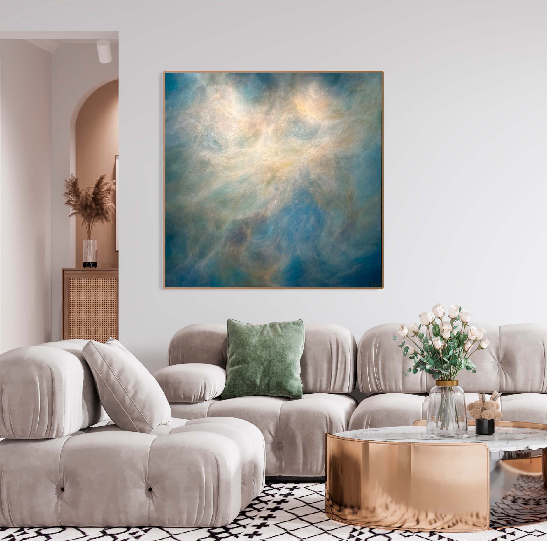 Crafted with a palette of calming hues, including soft blues, gentle greens, and ethereal whites, "Captivation" evokes a sense of serenity and introspection. Each brushstroke flows effortlessly across the canvas, creating layers of depth and texture that draw the eye in and invite exploration.