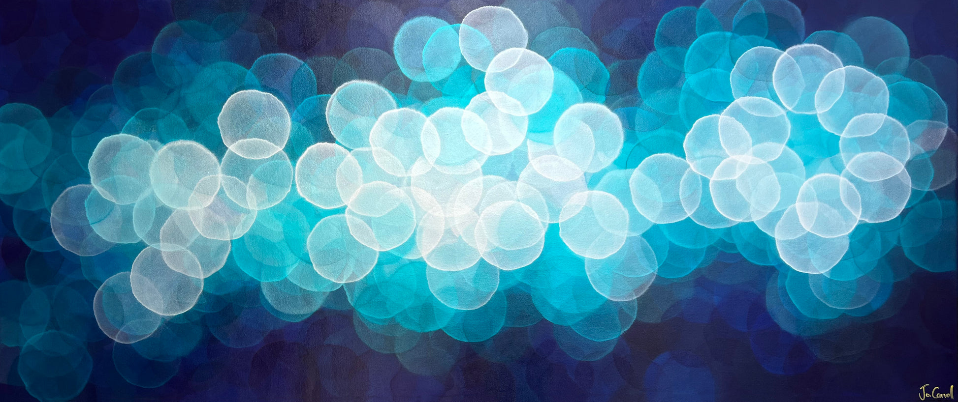 Ephemeral Echoes Two is a captivating abstract piece that immerses the viewer in a symphony of blues. The canvas is a dynamic interplay of various shades, from deep indigo and cobalt to light azure and cerulean.   Hints of metallic silver punctuate the composition, adding depth and luminosity, as if capturing the reflection of light on a serene water surface. The textures created by layered paint techniques invite viewers to explore the depths of the artwork, discovering new elements with each glance.