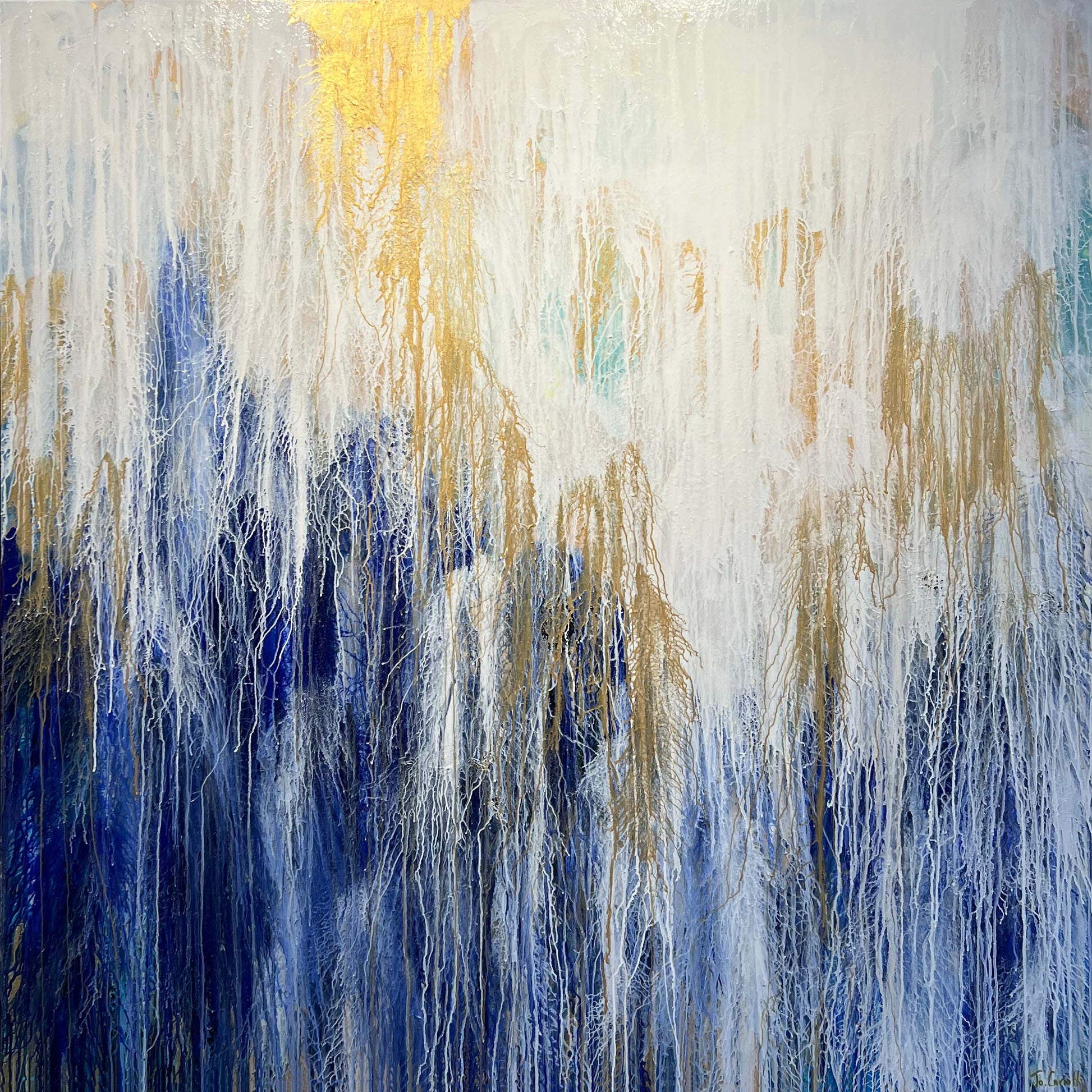 Detailed picture of Finding Flow Within by Australian artist Jo Carroll. An abstract artwork that invites viewers on a journey of introspection and inner exploration. The piece features a mesmerising array of flowing drips, each movement capturing the essence of fluidity and motion. As the drips cascade across the canvas, they create intricate patterns and textures, leading the viewer's gaze on a tranquil voyage inward. Calming, relaxing, beautiful and affordable original art.