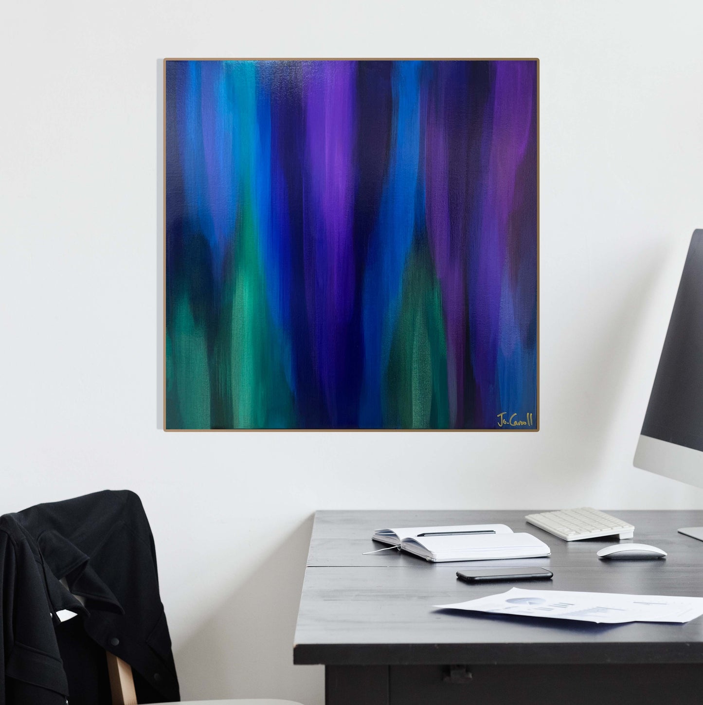 Jo Carroll original artwork on sale. Abstract aurora. Green, violet, purple and blue artwork. Artwork in home office.