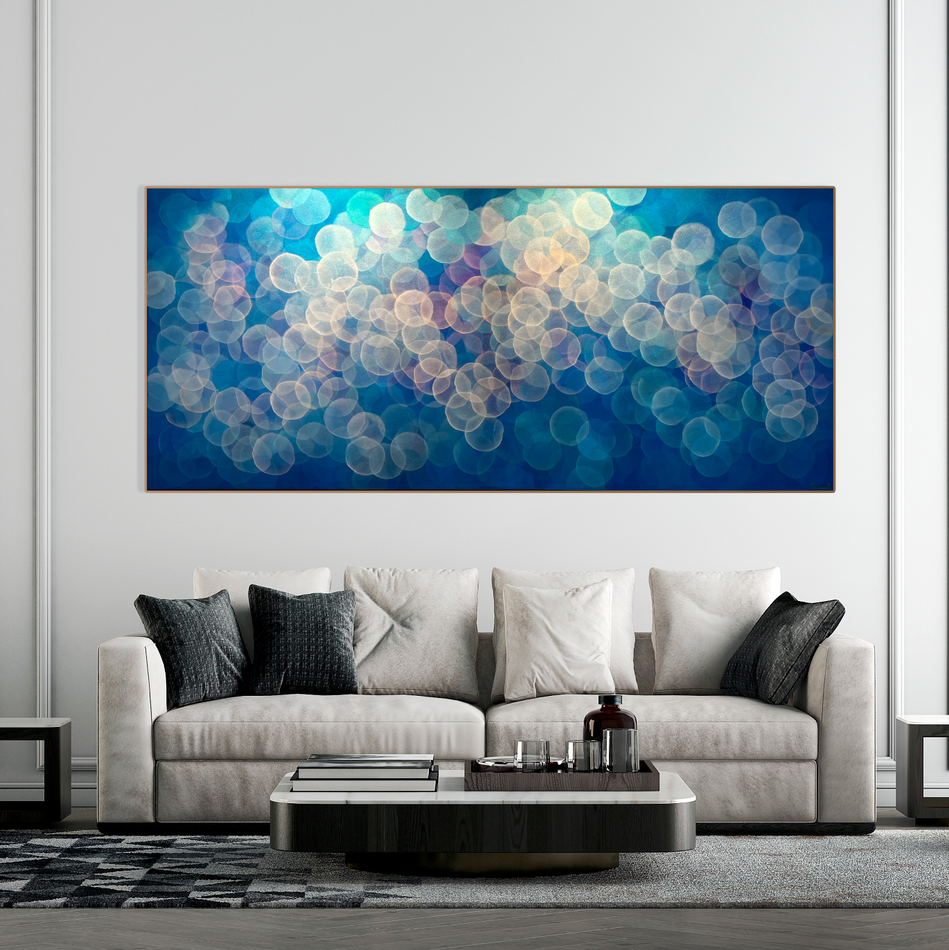 The colour palette is subtle yet captivating, with delicate pastel tones blending seamlessly together. Soft shades of lavender, blush pink, and sky blue imbue the artwork with a sense of warmth and comfort, while hints of gold add a touch of luminosity and depth. Original art by Australian abstract artist Jo Carroll. Shown in living room above couch.
