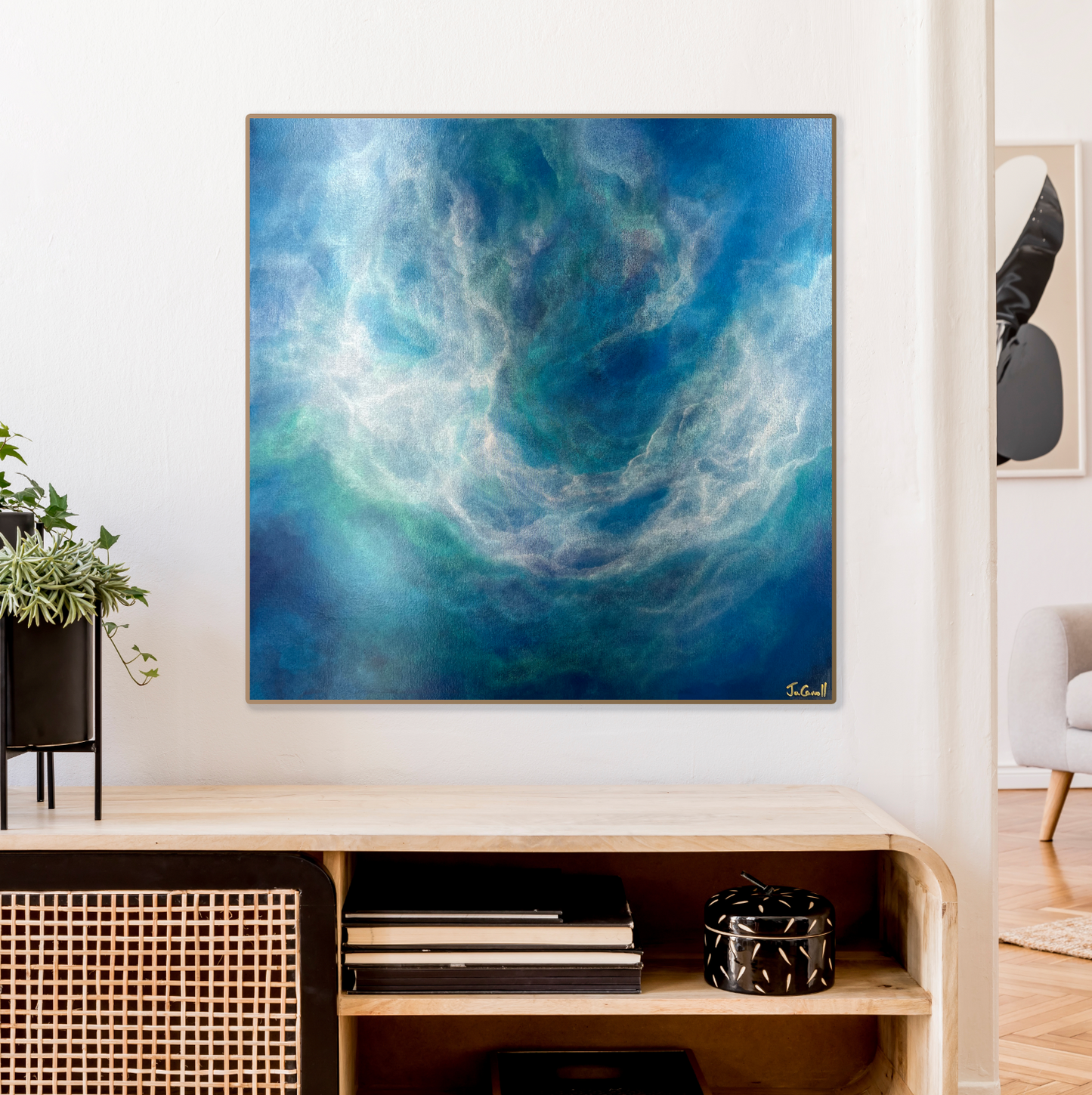 Ethereal Wave is a calming, nebula-inspired artwork designed to bring serenity to any home or office. Soft blends of blue, turquoise, and white ripple across the canvas, creating a fluid, wave-like motion that feels both peaceful and otherworldly.
Subtle hints of silver and pearlescent tones add depth and a luminous glow, evoking the tranquility of light reflecting on water. The composition flows organically, inviting moments of quiet reflection and calm.