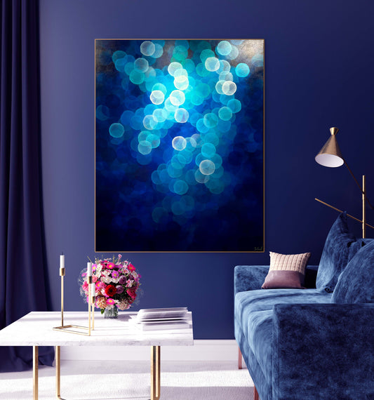 Aqueous Ascending is a large original artwork with calming blue tones and floating orbs