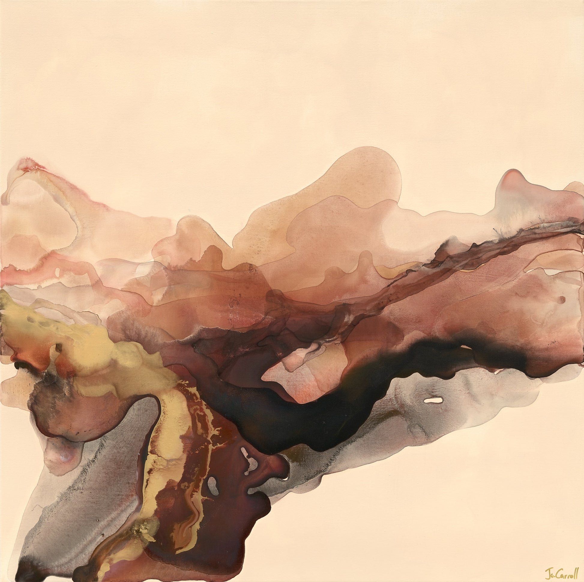 Abstract artwork with flowing earthy colours and gold on a beige background