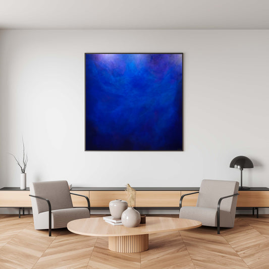 "Cosmic Luminescence" exudes a sense of calmness and serenity that transcends the ordinary. The royal blues evoke the depths of the night sky, while the purples hint at the mysteries of the cosmos, creating a harmonious composition that soothes the soul and uplifts the spirit. Calming blue abstract artwork.