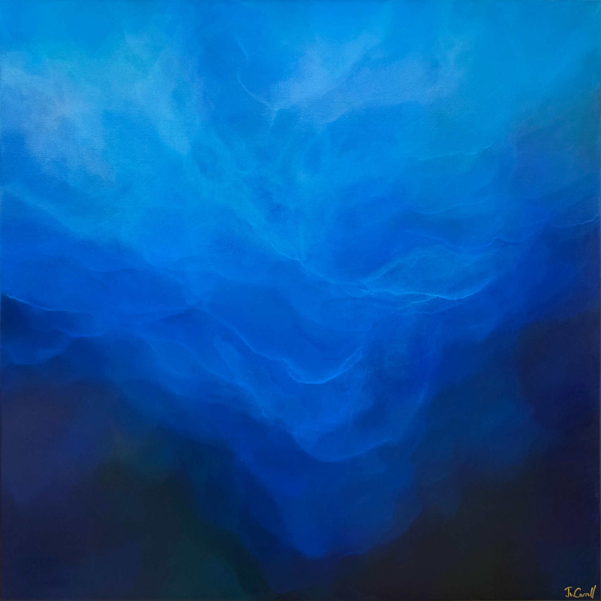 Abstract blue painting with layered, textured brushstrokes transitioning from bright cyan at the top to deep navy and dark blue at the bottom.