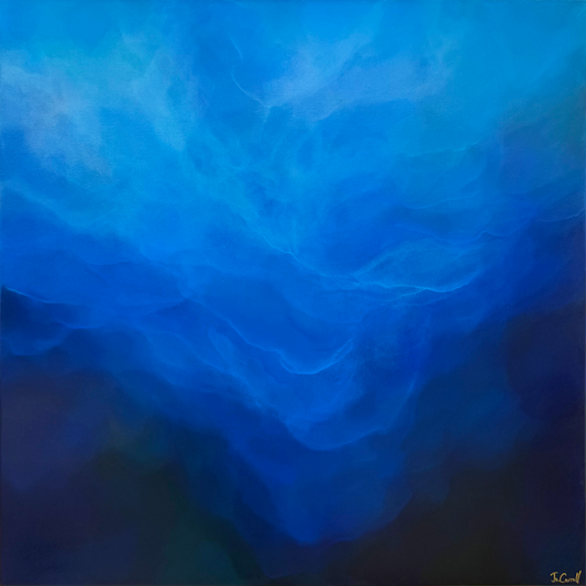 Abstract blue painting with layered, textured brushstrokes transitioning from bright cyan at the top to deep navy and dark blue at the bottom.