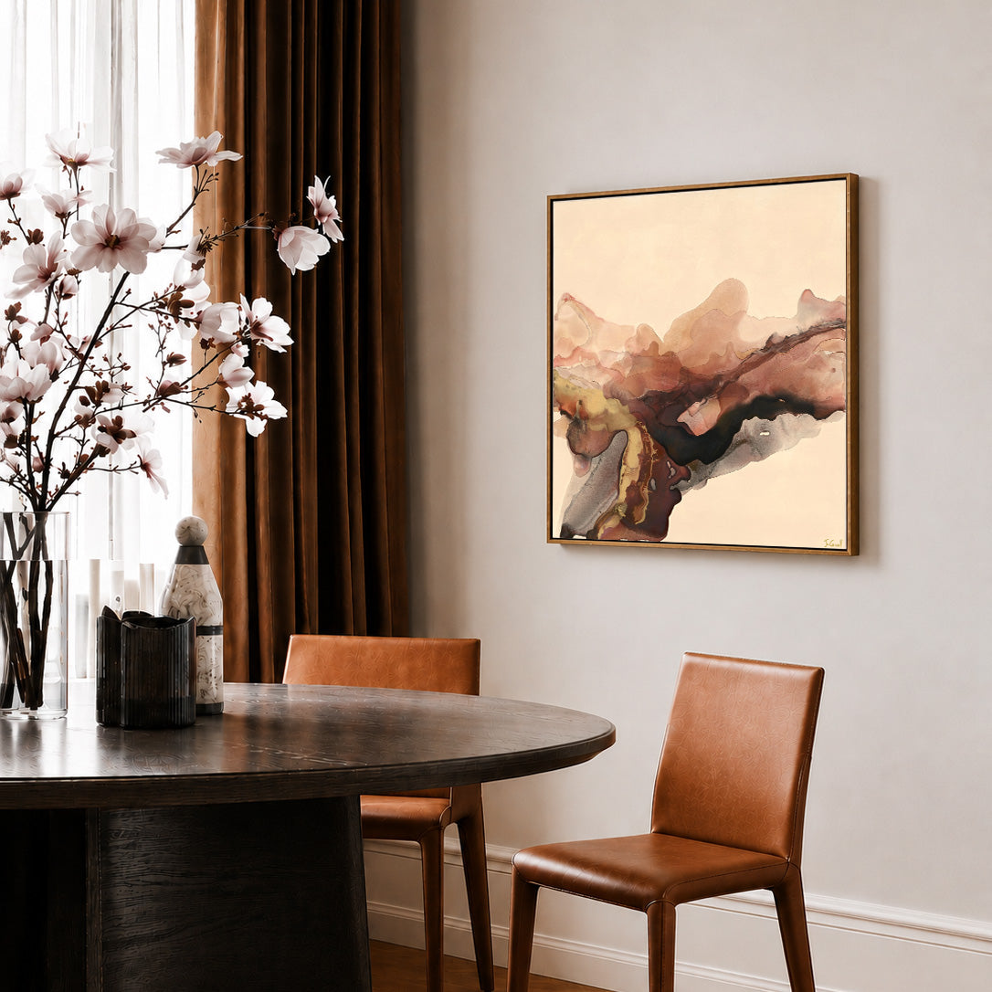 Limited edition abstract canvas print with earthy tones and gold and gloss details. Artist - Jo Carroll. Hung in dining room setting.