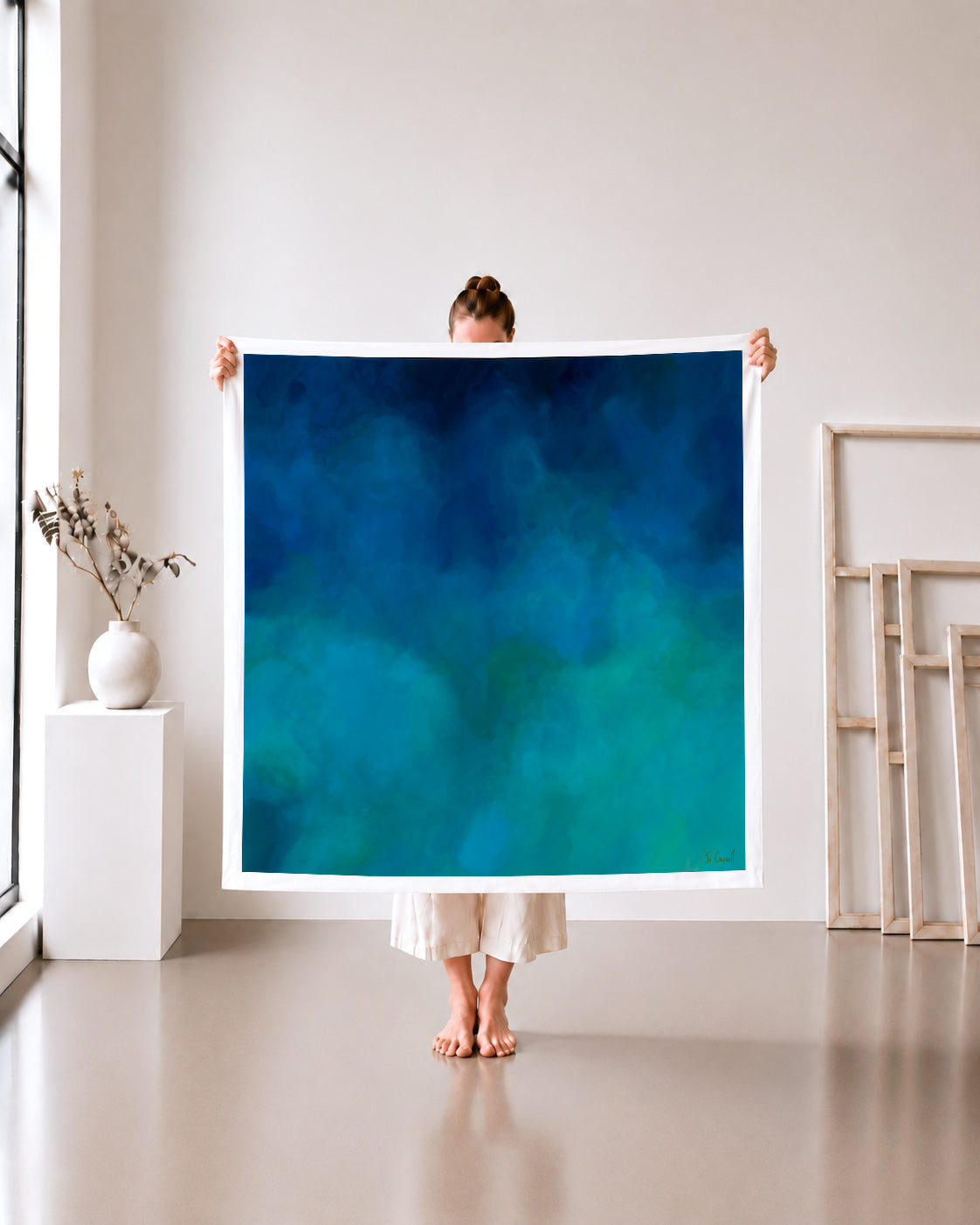 The Drop Off limited edition canvas print, deep blue and teal, 105x105cm unframed canvas held in a white studio