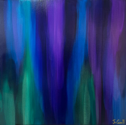 Jo Carroll original artwork on sale. Abstract aurora. Green, violet, purple and blue artwork.