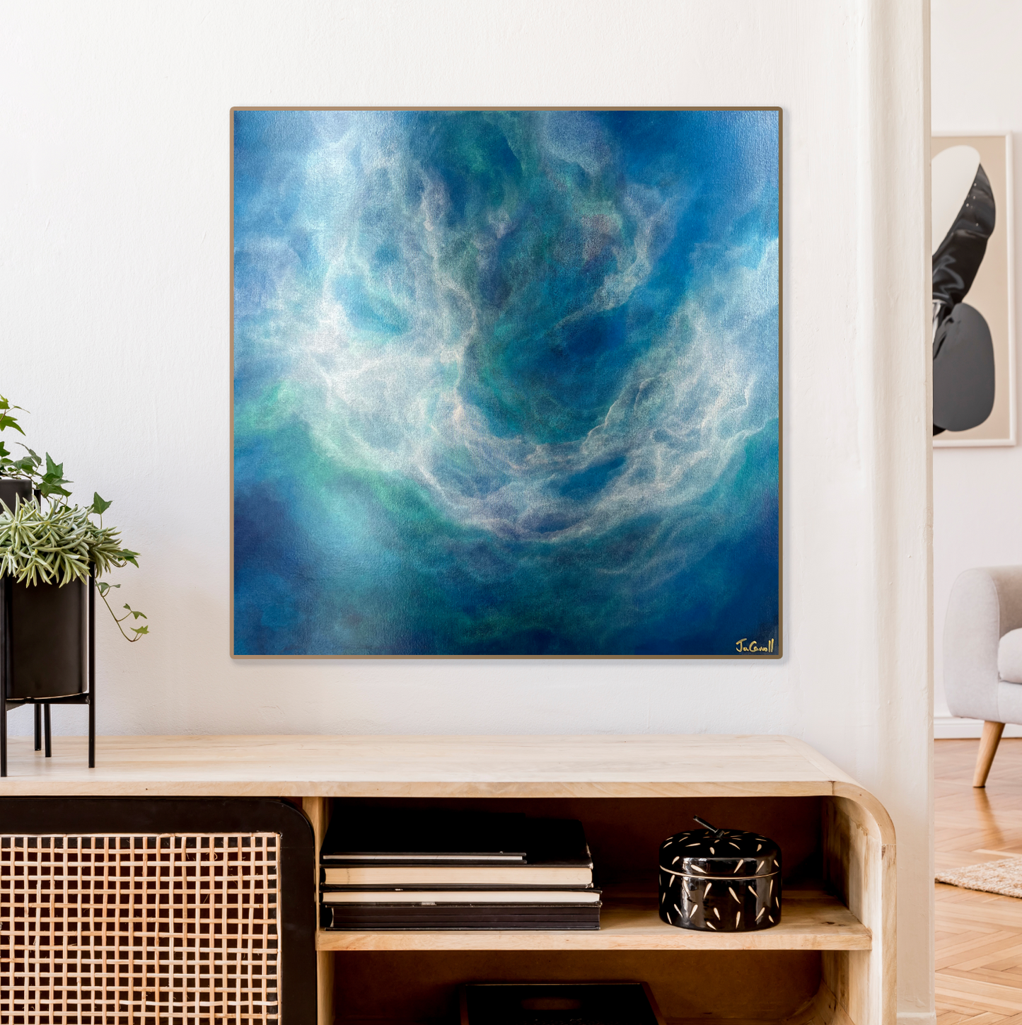 Ethereal Wave is a calming, nebula-inspired artwork designed to bring serenity to any home or office. Soft blends of blue, turquoise, and white ripple across the canvas, creating a fluid, wave-like motion that feels both peaceful and otherworldly.

Subtle hints of silver and pearlescent tones add depth and a luminous glow, evoking the tranquility of light reflecting on water. The composition flows organically, inviting moments of quiet reflection and calm.